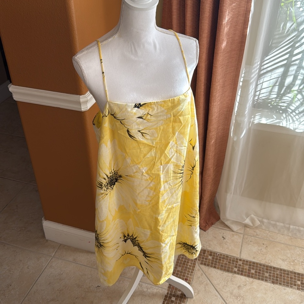 H & M Yellow Sunflower Linen Blend Spaghetti Strap Shift Mini Dress Sz L